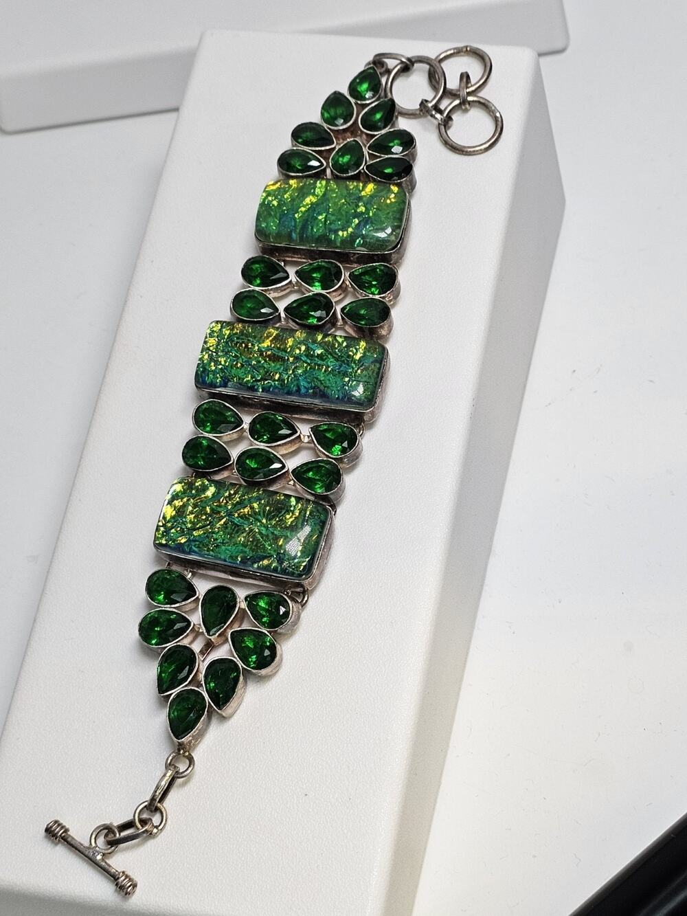 Vintage Colossal Sterling Silver Hand-made Stone Bracelet (Tarnish) SZ 9.5"